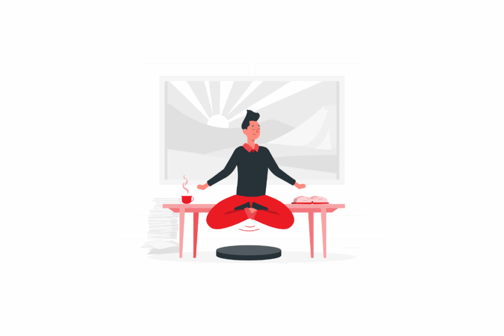Illustration of a relaxed entrepreneur meditating at a desk with coffee and books, symbolizing the freedom and flexibility offered by the best franchises for work-life balance.